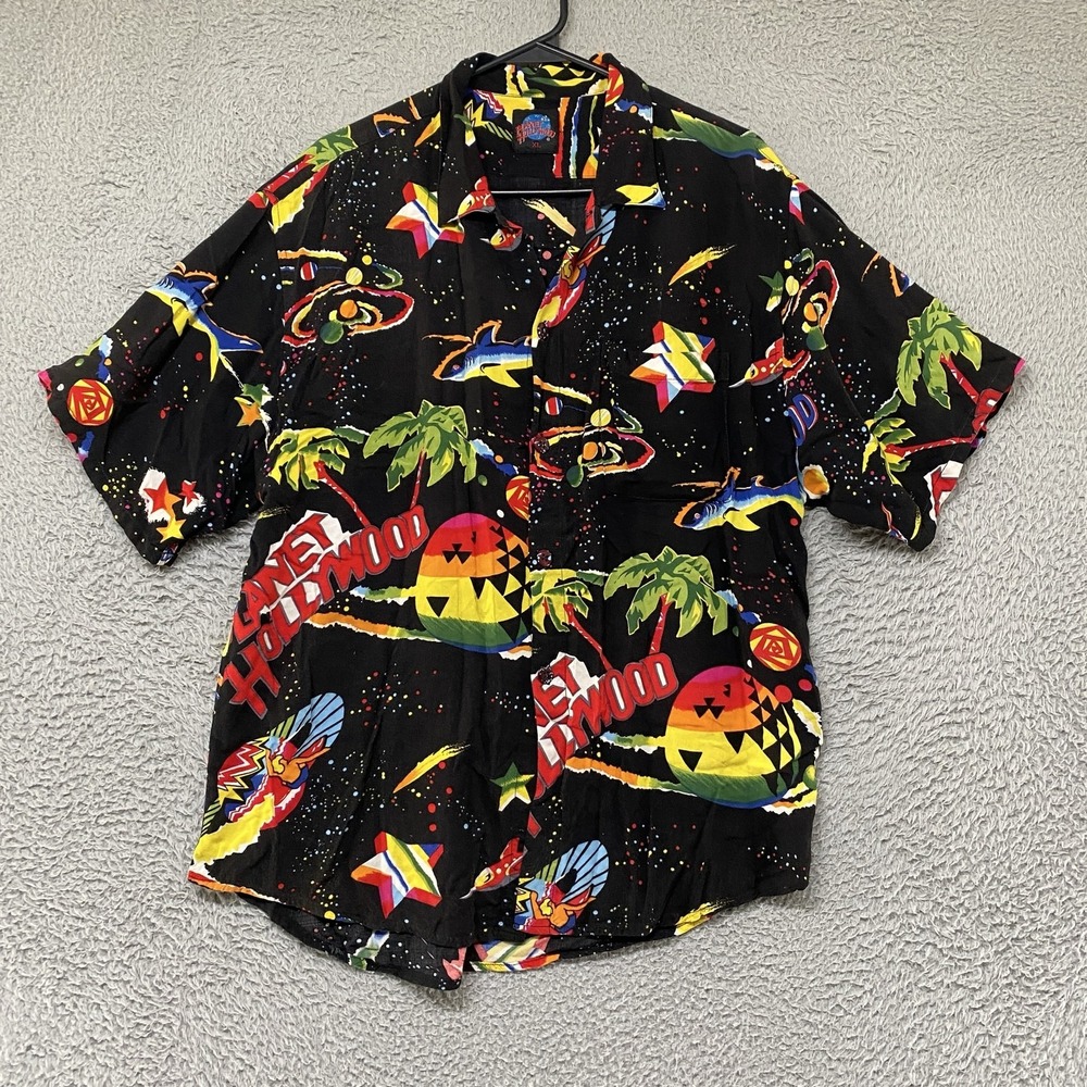 Vintage Planet Hollywood Shirt Mens XL Space Hawaiian Print Rayon Button Up 90s - Picture 1 of 14